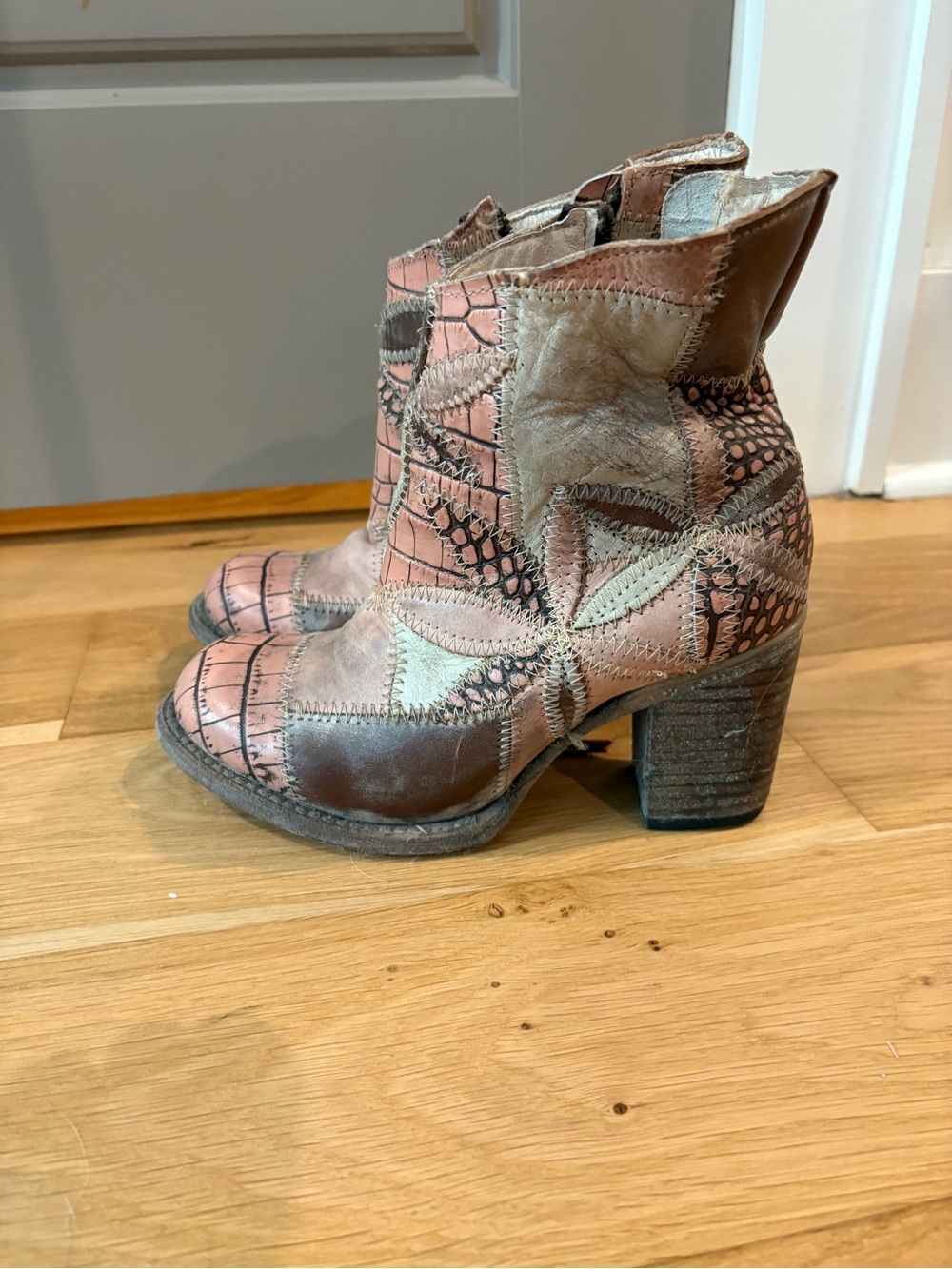 Free Bird - Patchwork Leather Ankle Boots in Brown and Pink
